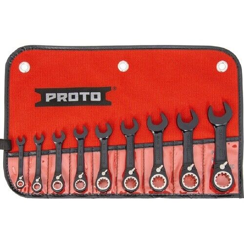 Proto 9pc Black Chrome Combination Stubby Reversible Ratcheting Wrench Set