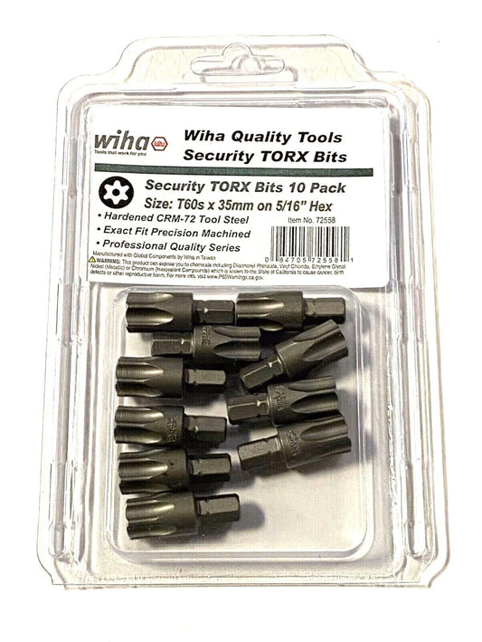 Wiha Security Torx Bits T60s X 35mm On 5/16" Hex 10 Pack Made In Germany 72558