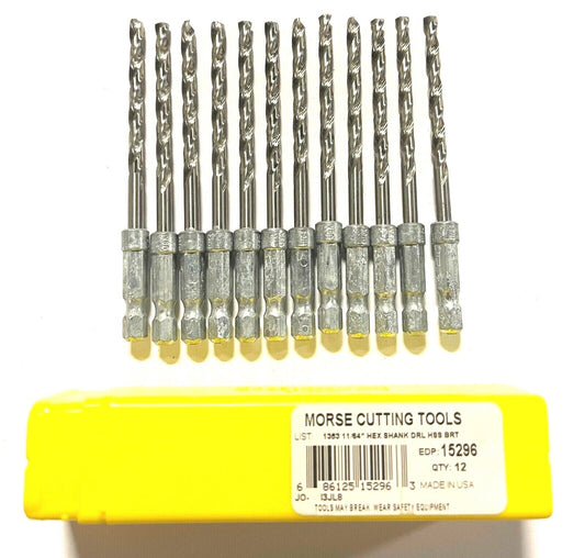 Morse 11/64" HSS Drill Bit 1/4" Hex Shank Drills 135° Split Point USA Made 12pk