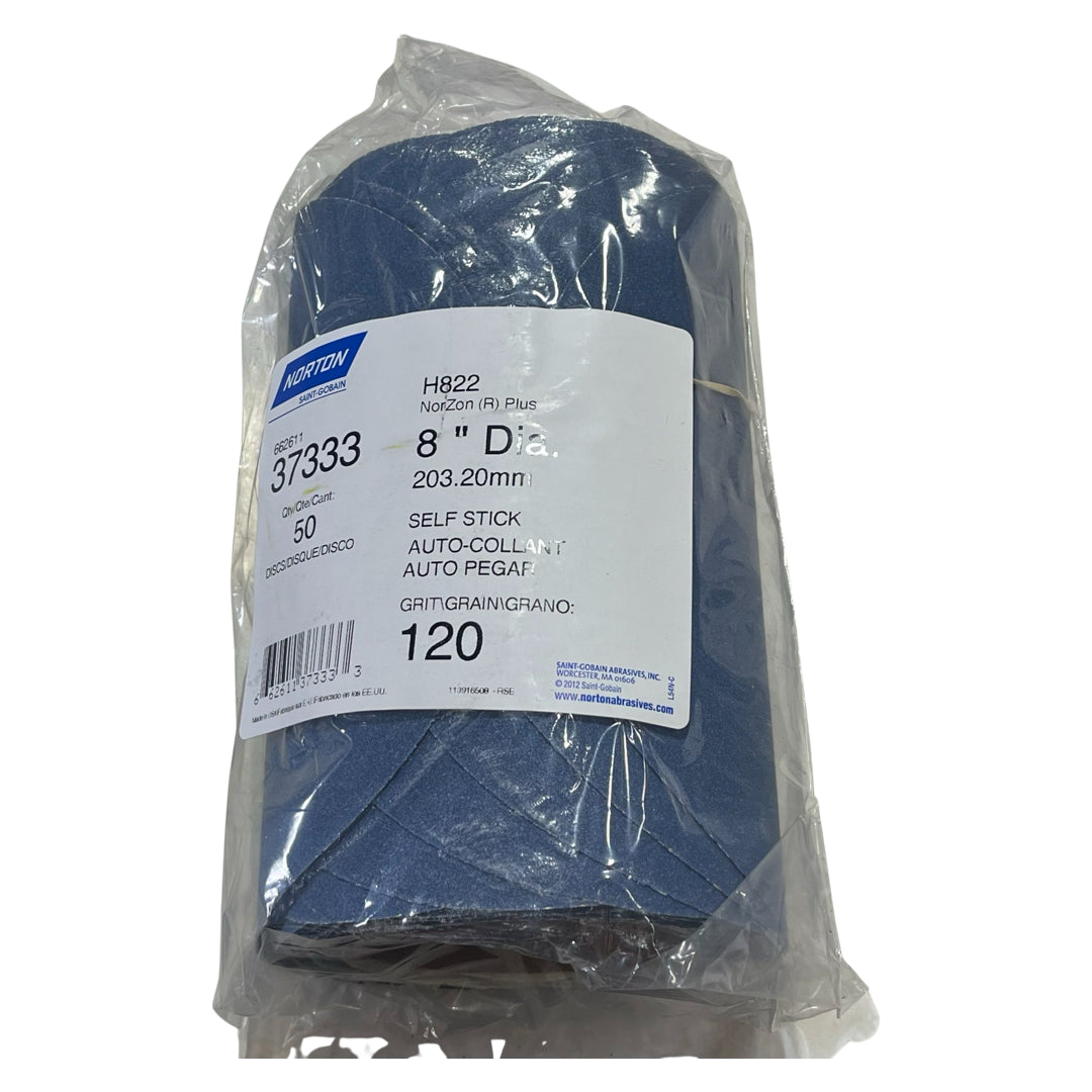 Norton 8" PSA Disc Roll Zirconia Alumina 120 Grit Medium Self Stick Disc 50 Pack