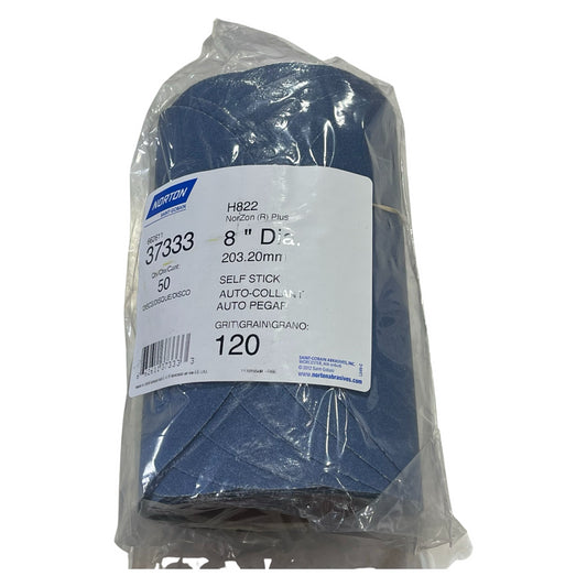 Norton 8" PSA Disc Roll Zirconia Alumina 120 Grit Medium Self Stick Disc 50 Pack