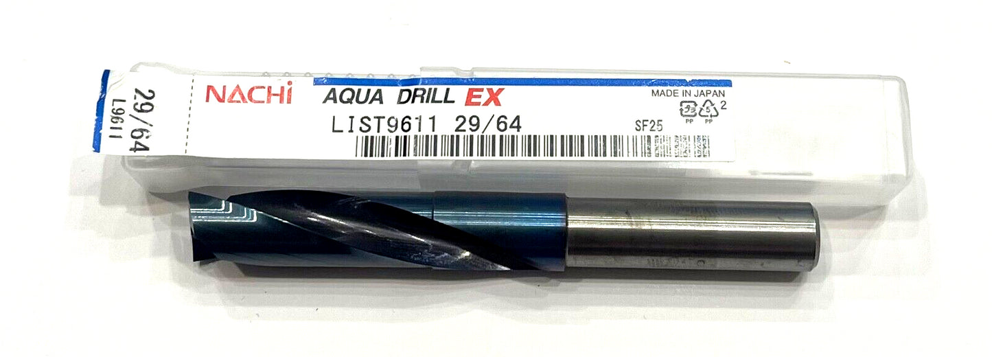 Nachi 29/64" Solid Carbide Drill 2xD AQUA EX Coating 2 Flute 180°