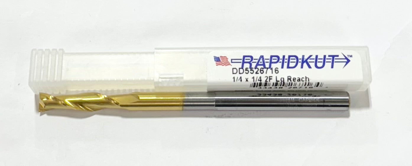 RapidKut 1/4" Carbide End Mill 2 Flute Long Reach Tin Coated USA