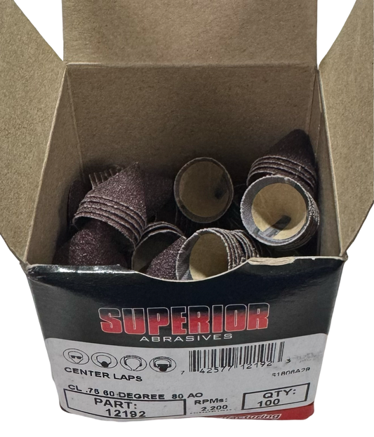 Superior Abrasives 3/4" x 60° Center Lap Cones 80 Grit Aluminum Oxide 100 Pack