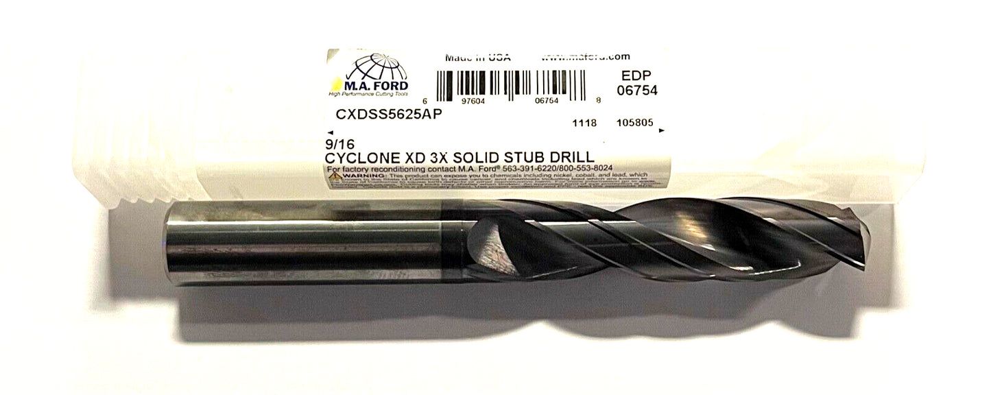 M.A. Ford Cyclone XD 9/16" Solid Carbide Drill 3xD HP Stub Length Altima Plus