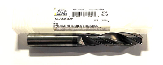 M.A. Ford Cyclone XD 9/16" Solid Carbide Drill 3xD HP Stub Length Altima Plus