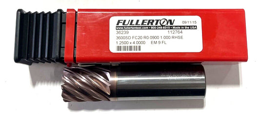 Fullerton 1" Carbide End Mill 9 Flute FC20 Coating Variable Helix .0900" Radius