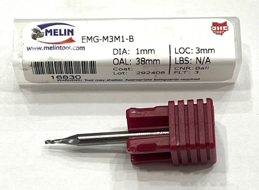 Melin 1mm Carbide Ball Nose End Mill 3 Flute USA Made 16830