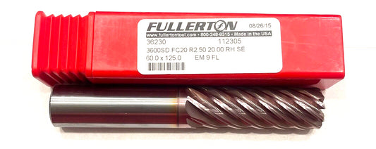 Fullerton 20mm Carbide End Mill 9 Flute 2.5mm Corner Radius FC20 Coating USA