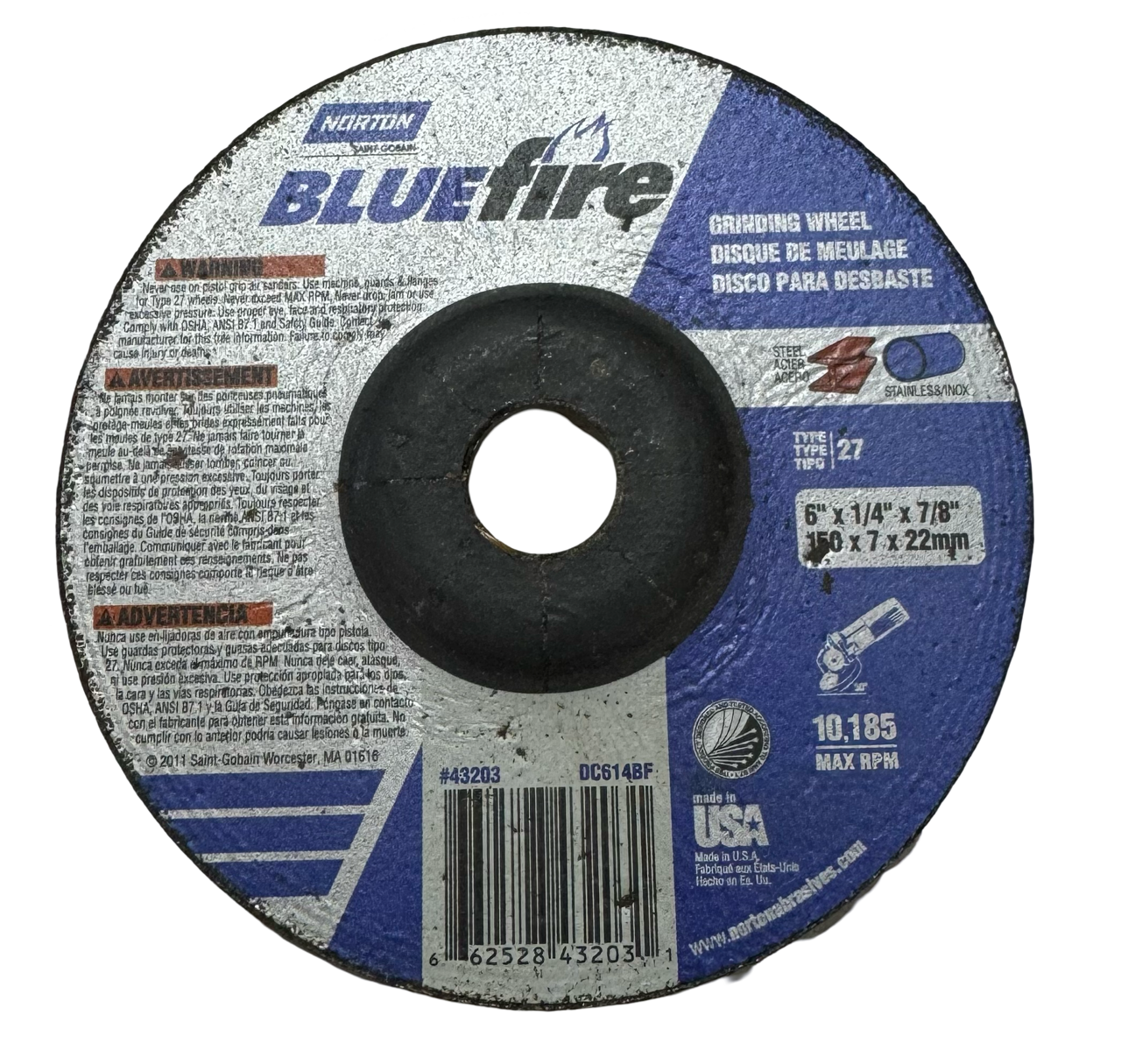 Norton BlueFire 6" x 1/4" x 7/8" Grinding Wheel Type 27 Depressed Center