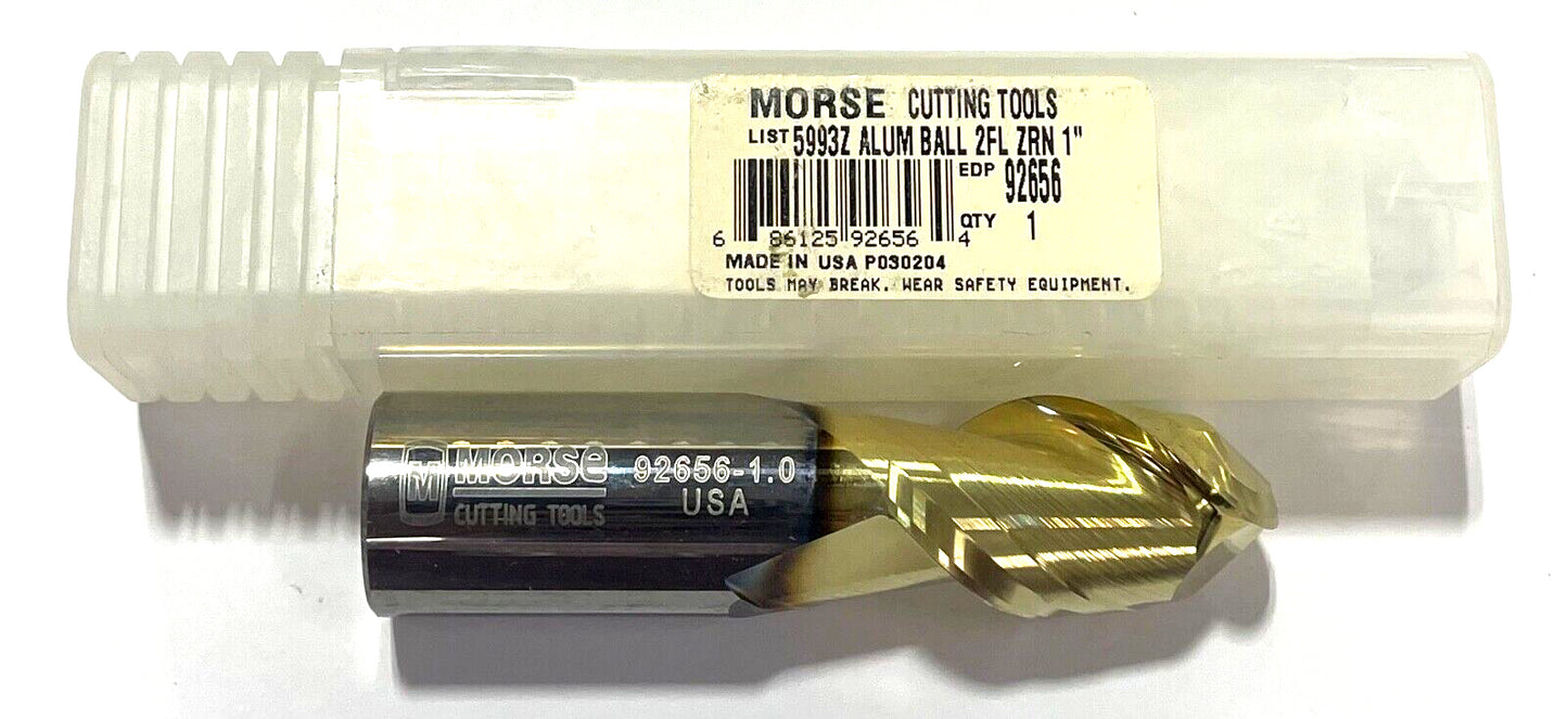 Morse 1" Carbide Ball Nose End Mill ZrN Coating Variable Helix 2 Flute USA Made