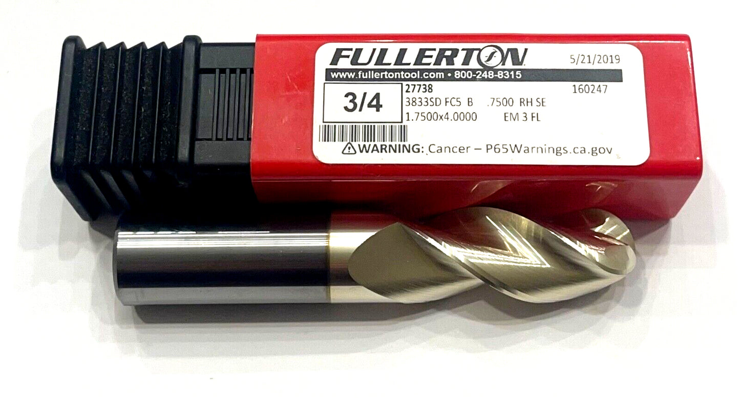 Fullerton 3/4" Carbide Ball Nose End Mill 3 Flute FC5 Coating USA Made 27738