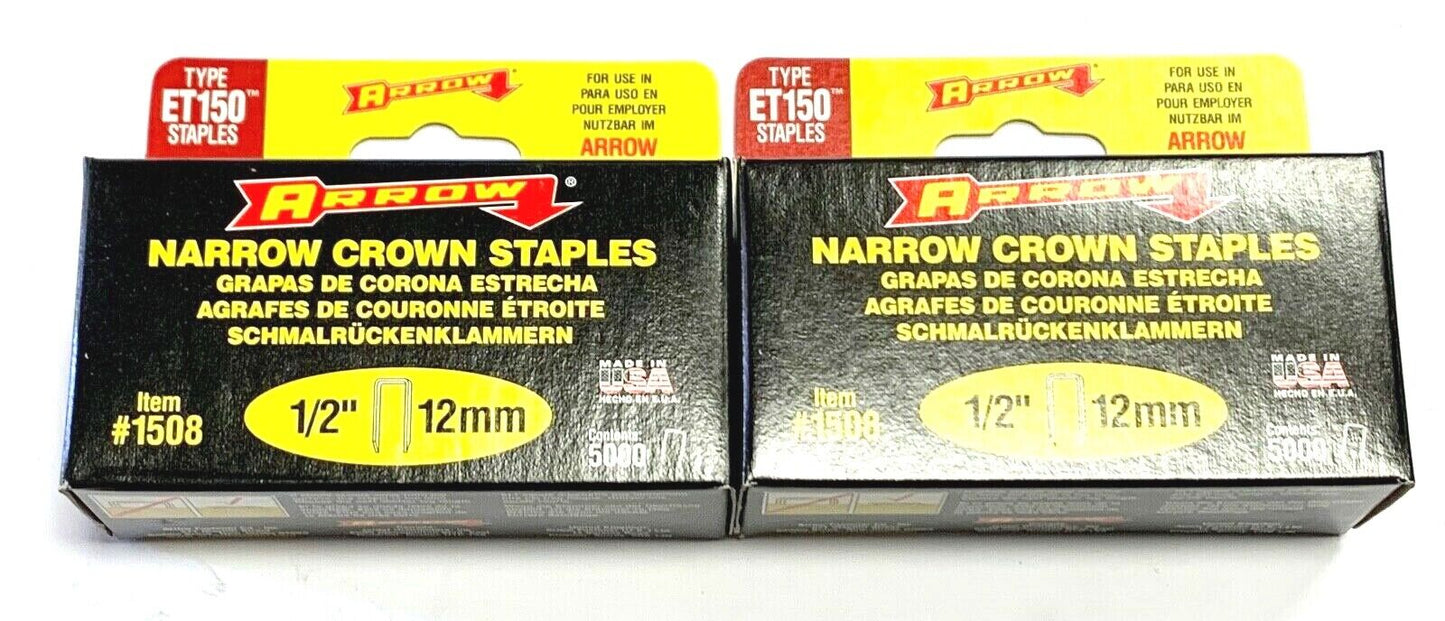 Arrow 1508 Genuine ET150 1/2" Staples Narrow Crown 10,000 Box USA Made