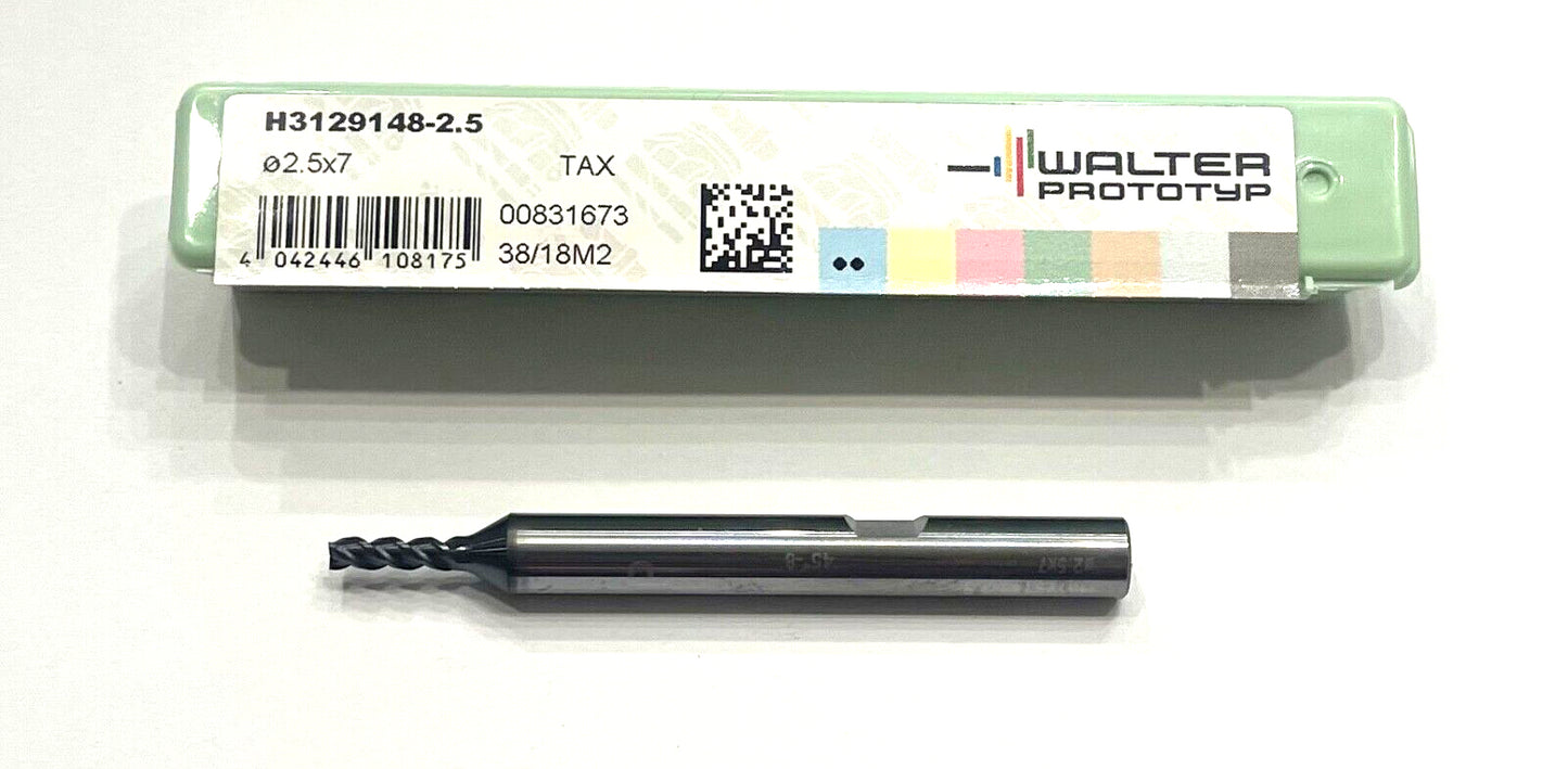 Walter Prototyp 2.5mm Carbide End Mill 3 Flute TiAlN Coating H3129148-2.5