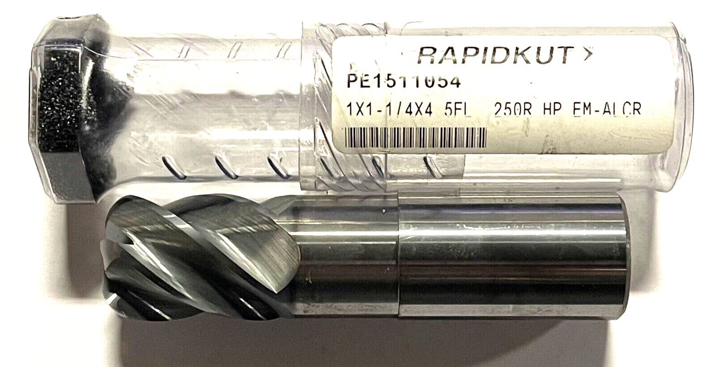 RapidKut 1" High Performance Carbide End Mill AlCrN .250 Radius 5 Flute Necked