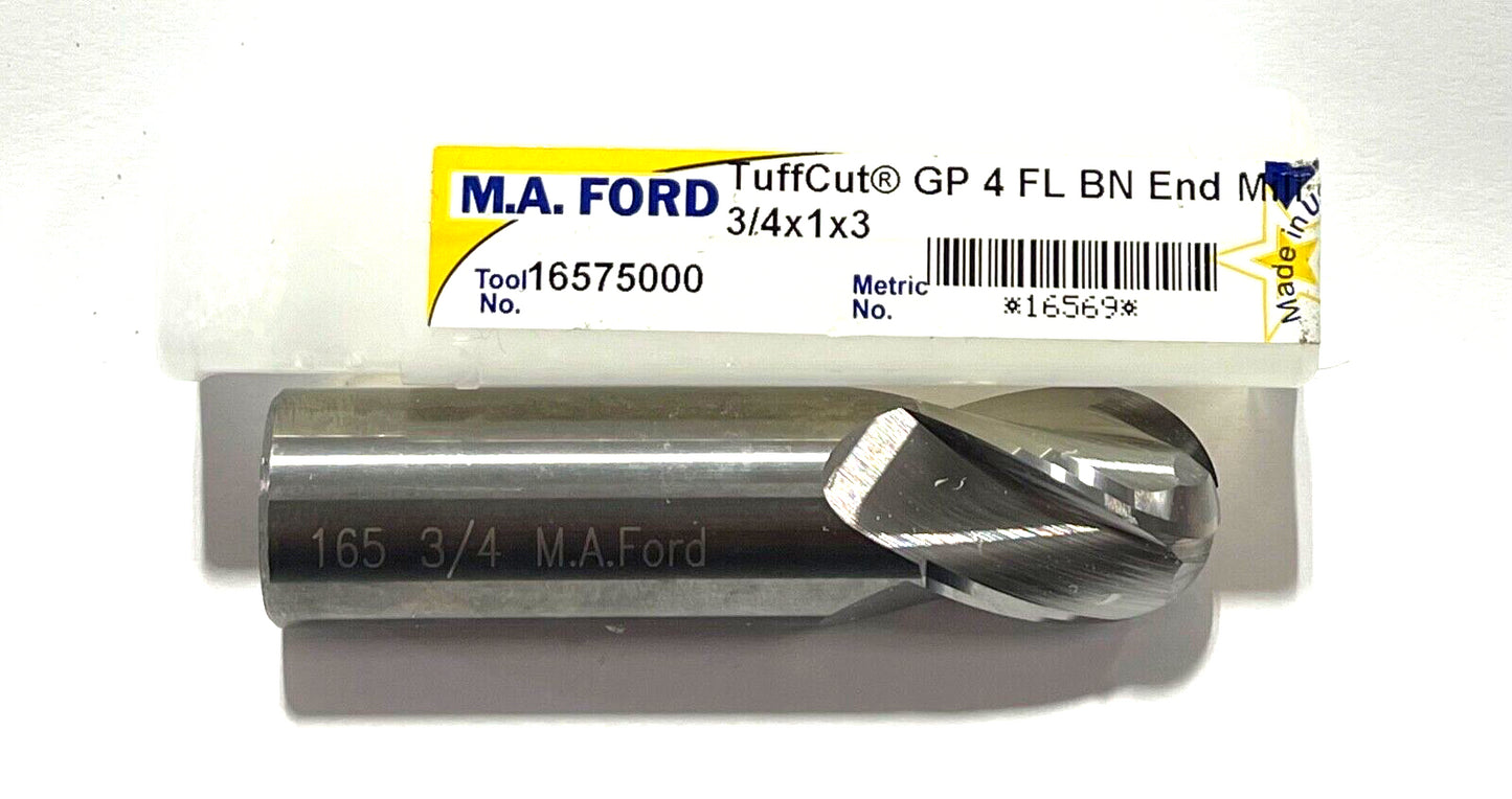 M.A. Ford 3/4" Carbide Ball Nose End Mill Stub Length 4 Flute USA Made