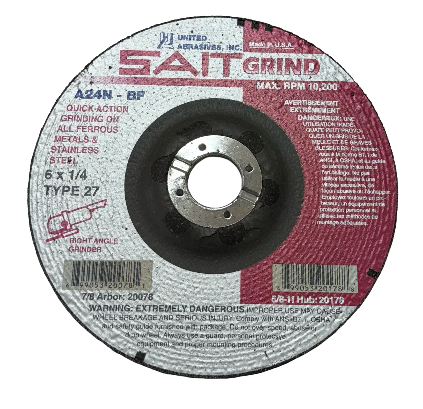 SAIT 6" x 1/4" x 7/8" Depressed Center Grinding Wheel A24N-BF USA Made