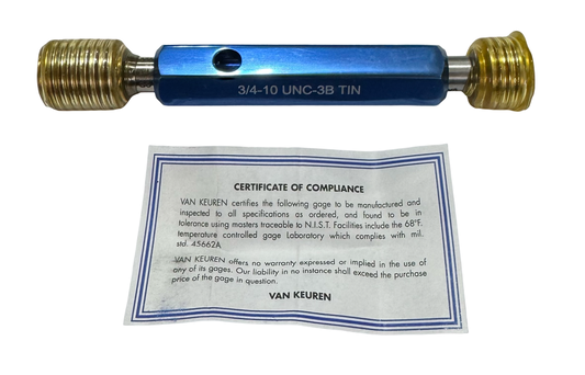 Van Keuren 3/4"-10 UNC Tin Coated Go/Not Go Thread Plug Gage Double End Handle