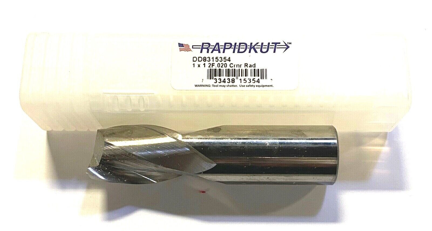 Rapidkut Solid Carbide End Mill 1" x 1" x 1-1/2" x 4" .020 Corner Radius 2 FL