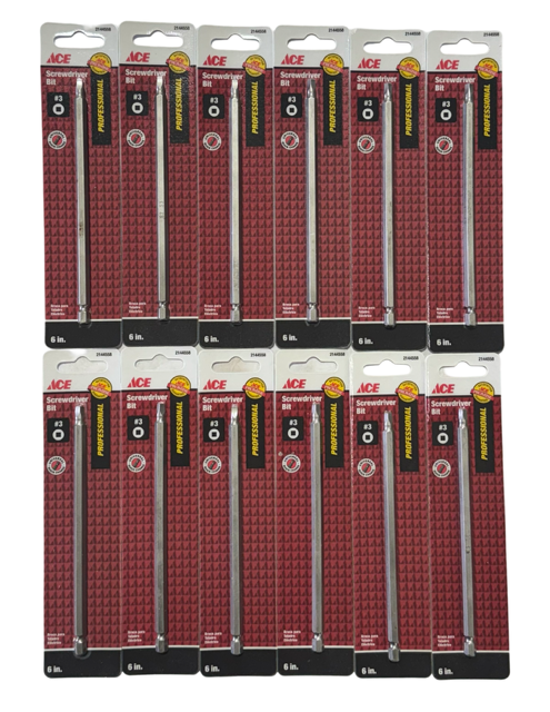 ACE #3 x 6" Square Recess Screwdriver Bit 1/4" Quick Change Hex Shank 12 Pack