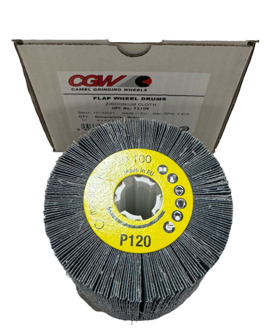 CGW 4" x 4" x 3/4" Flap Wheel Drum with Keyhole 120 Grit Zirconium Cloth