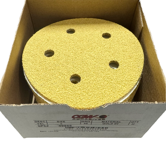 CGW 5" Hook & Loop Sanding Discs 5 Hole Gold 40 Grit Aluminum Oxide 50 Pack