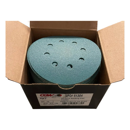 CGW 5" PSA Hook & Loop Discs 8 Hole Film Backing 100 Grit Aluminum Oxide 100pk