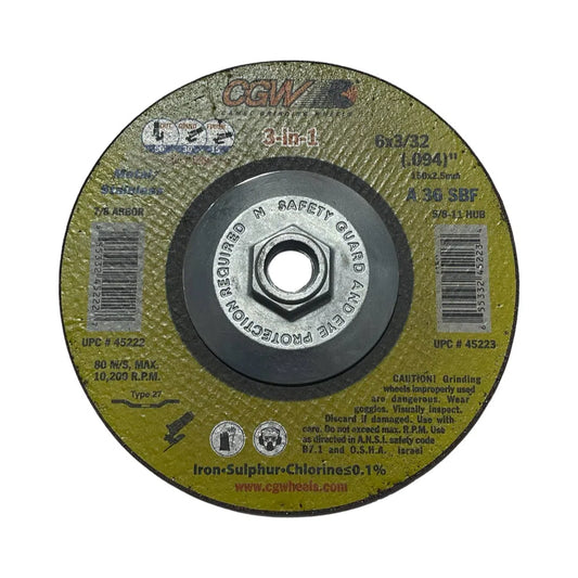 CGW 6" x 3/32" x 5/8-11 Depressed Center Wheel 3-in-1 Cut Grind Finish 45223
