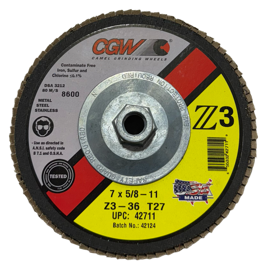 CGW 7" x 5/8-11 Flap Disc 36 Grit Zirconia Alumina Type 27 USA Made