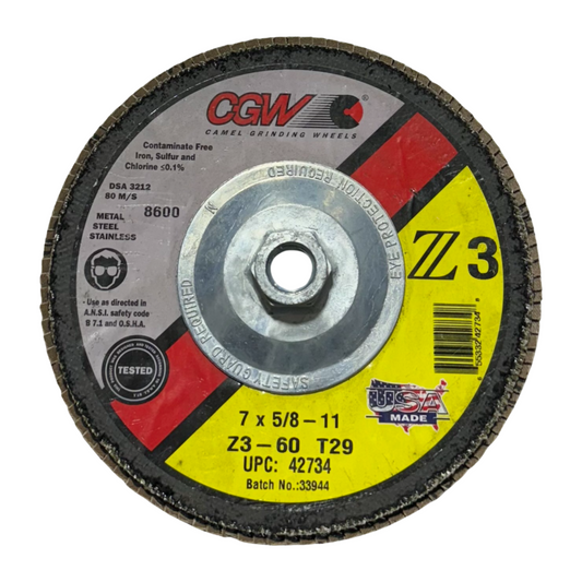 CGW 7" x 5/8-11 Flap Disc 60 Grit Z3 Premium Zirconia T29 USA Made