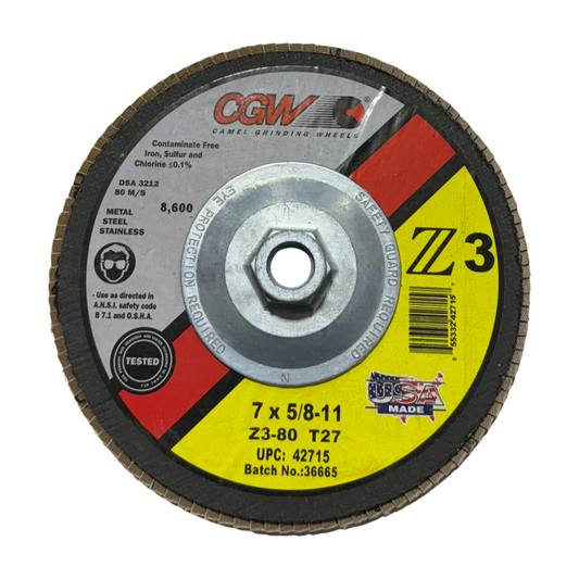 CGW 7" x 5/8-11 Flap Disc 80 Grit Z3 Premium Zirconia T27