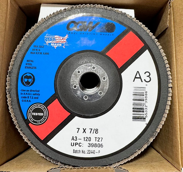 CGW 7" x 7/8" Flap Disc 120 Grit T27 Aluminum Oxide 10 Pack USA Made