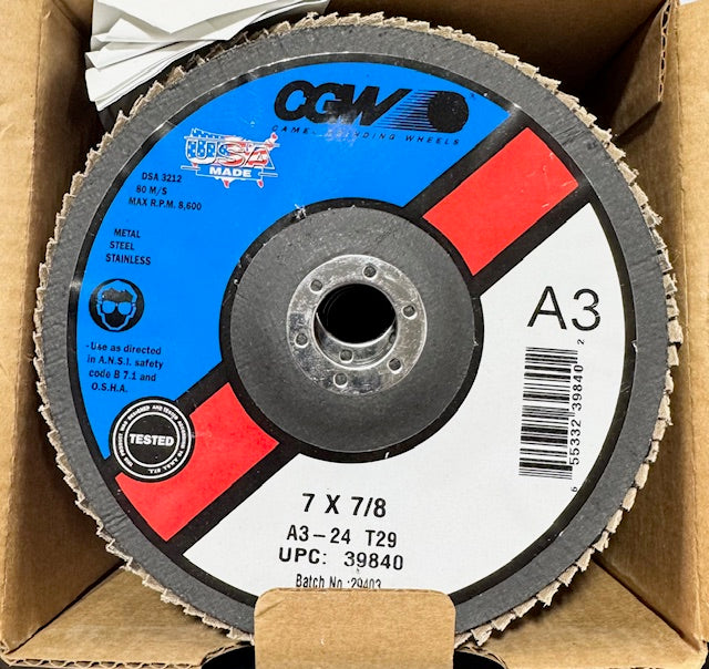 CGW 7" x 7/8" Flap Disc 24 Grit T29 Aluminum Oxide 10 Pack USA Made