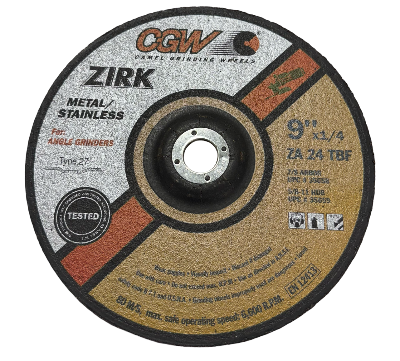 CGW 9" x 1/4" x 7/8" Depressed Center Wheel Metal/Stainless 24 Grit Zirconia