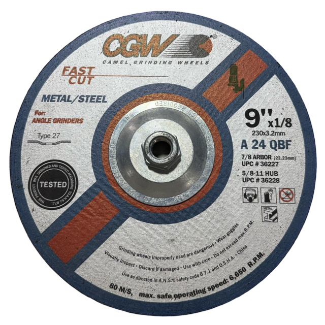 CGW 9" x 1/8" x 5/8-11 Grinding Wheel T27 Aluminum Oxide 24 Grit Metal/Steel