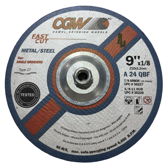 CGW 9" x 1/8" x 5/8-11 Grinding Wheel T27 Aluminum Oxide 24 Grit Metal/Steel