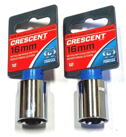 Crescent 3/8" Drive 16mm Socket 12 Point Chrome Fully Polished 2 Pack CDS46
