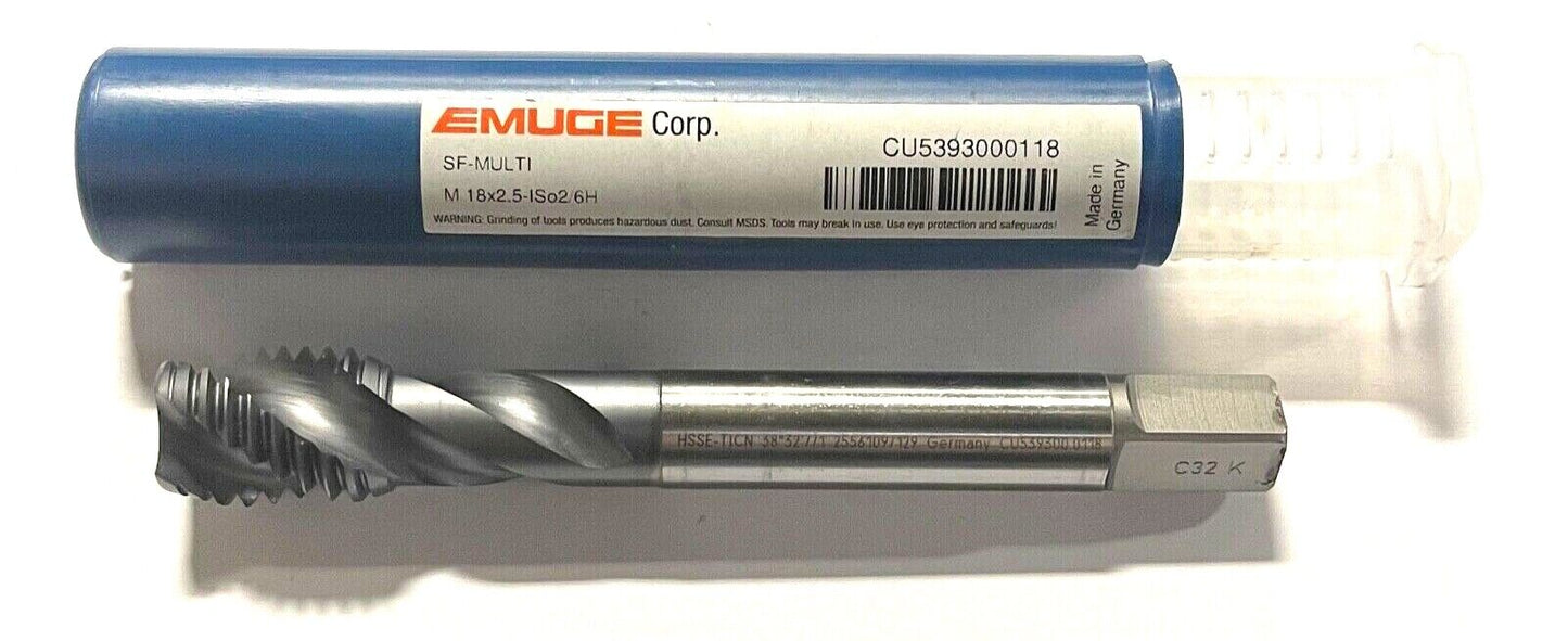 EMUGE M18 x 2.5 HSSE Tap Semi Bottoming TiCN Coating 6H 3 Flute Tap