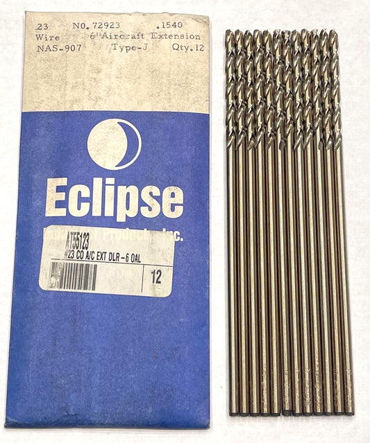 Eclipse #23 x 6" Cobalt M42 Aircraft Extension Drills 135Â° 12 Pack USA Made