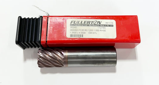 Fullerton 1" Carbide End Mill 9 Flute FC20 Coated 0.1200" Radius USA Made