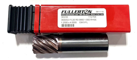 Fullerton 1" Carbide End Mill 9 Flute FC20 Coating Variable Helix .0900" Radius