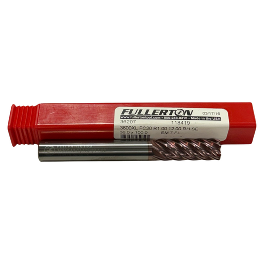 Fullerton 12mm Carbide End Mill Extra Long 7 Flute FC20 Coated 1mm Radius