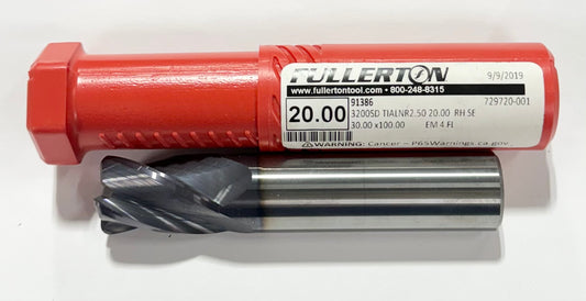 Fullerton 20mm Carbide End Mill 2.5mm Radius 4 Flute TiAlN Coating