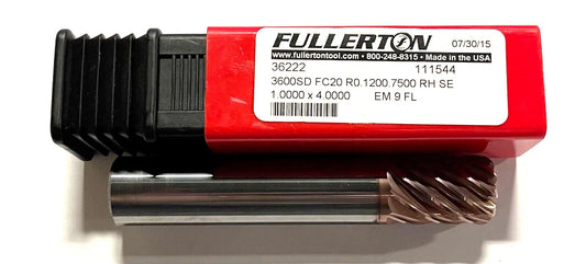 Fullerton 3/4" Carbide End Mill 9FL FC20 Coating 0.12" Corner Radius USA Made