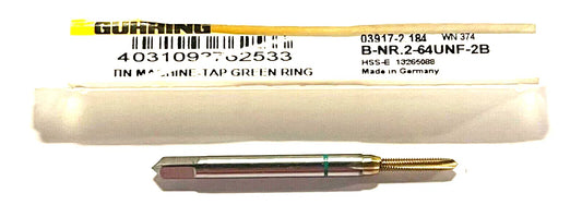 GUHRING 2-64 Cobalt Spiral Point Plug Tap Tin Coated Green Ring 3 Flute Tap