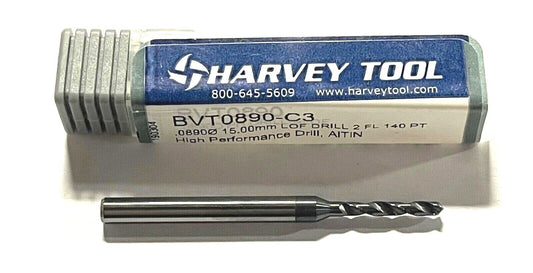Harvey Tool 2.6mm Solid Carbide Drill 5xD High Performance AlTiN 2 Flute 140°