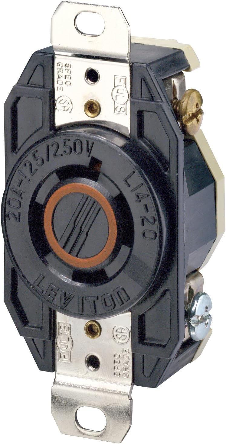 Leviton 20 Amp 125/250 Volt Flush Mounting Locking Receptacle Industrial Grade Grounding V-0-MAX Black