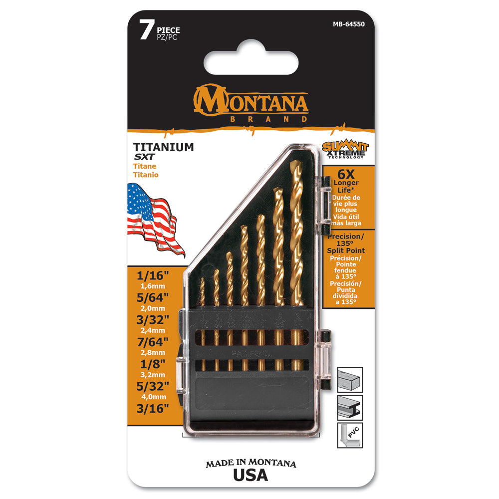 Montana 7 Piece HSS Titanium Drill Bit Set 135° Split Point 1/16" to 3/16" USA