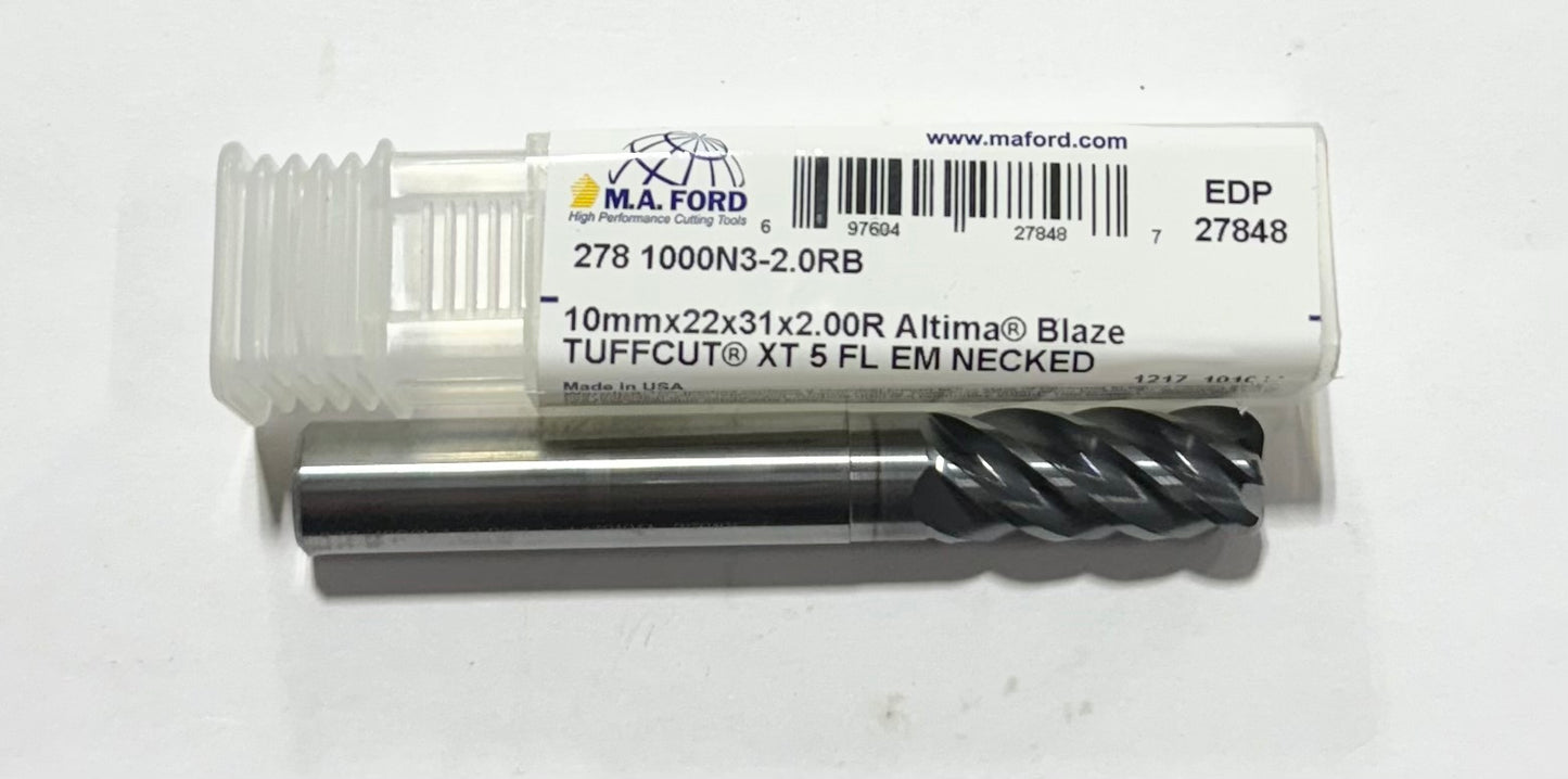 M.A. Ford 10mm Carbide End Mill 5FL Necked Altima Blaze 2mm Radius