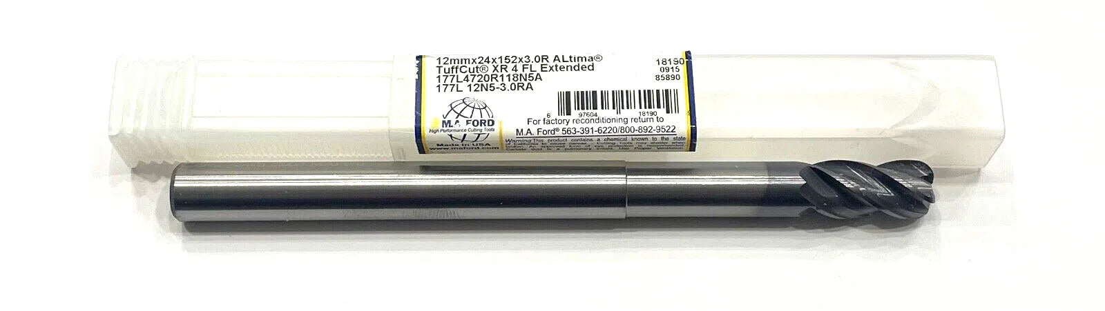 M.A. Ford 12mm Carbide End Mill AlTiN Coating 4FL Extended Neck 3mm Radius USA